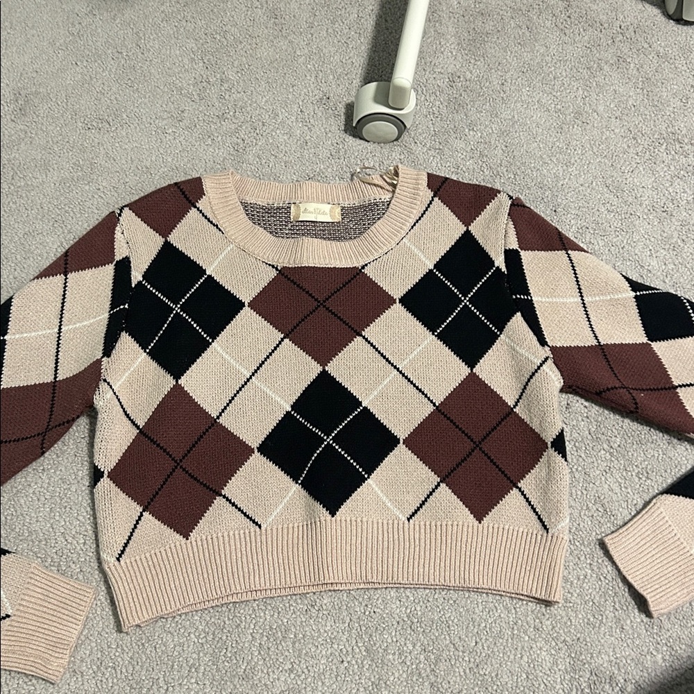 Altar'd State Argyle Sweater in Pink, Black, and Brown